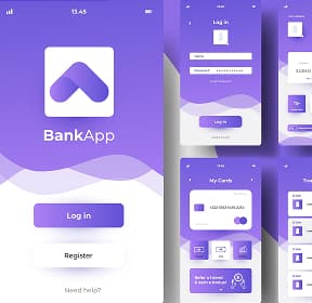 A sequence of steps for the setup of a banking app Illustrated by images of mobile phone screens